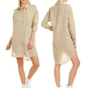 James Perse Women Sandy Beige Long Sleeve Button Down Linen Shirt Dress sz L